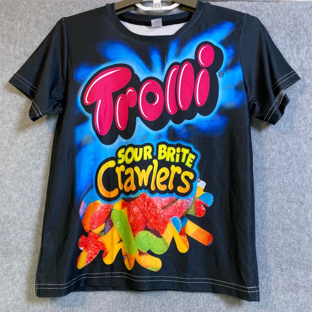 Trolli Sour Brite Crawlers Shirt Kids 7-8Y Neon Black Gummy Candy Graphic NWOT